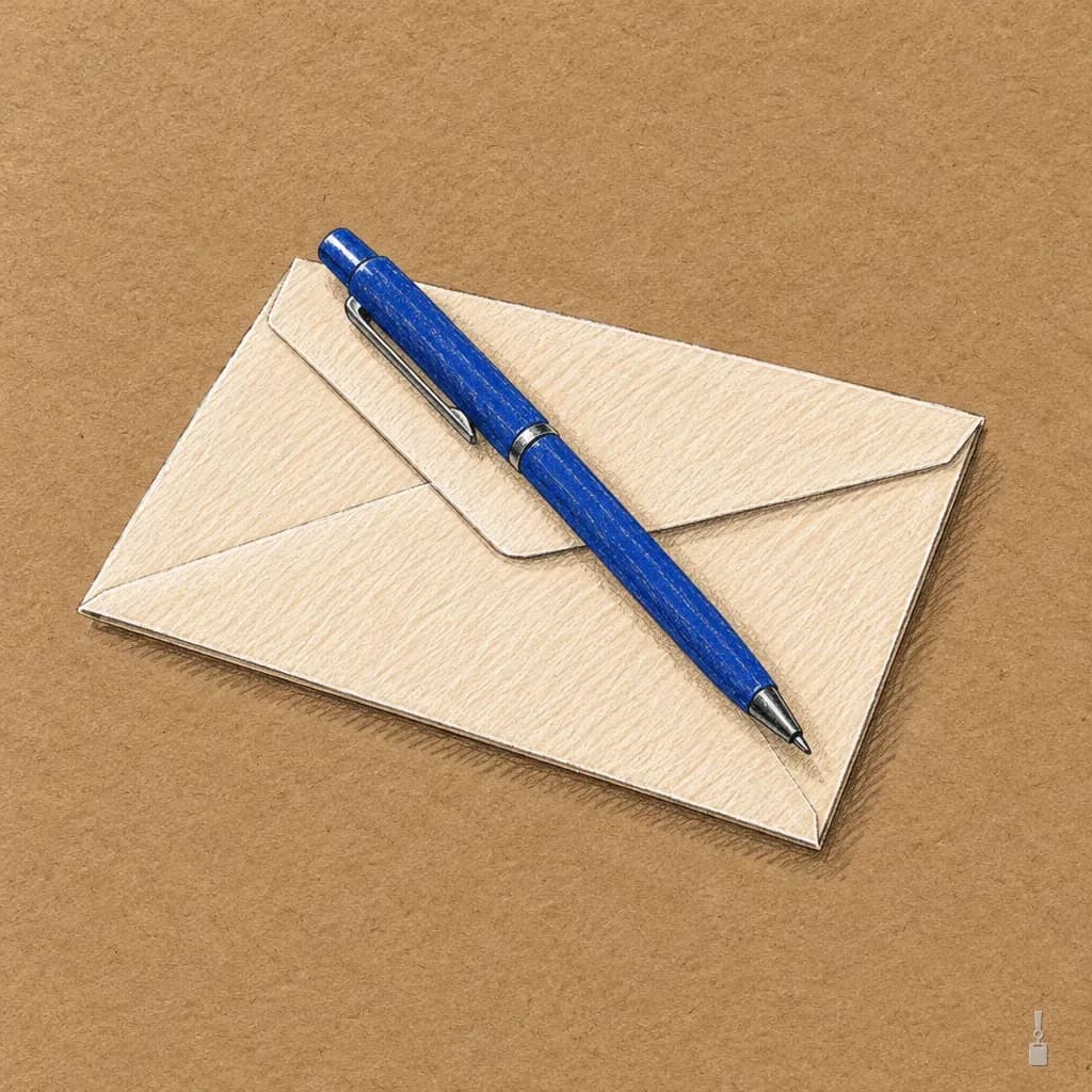 Coloured pencil drawing of a sealed envelope with a blue pen on it