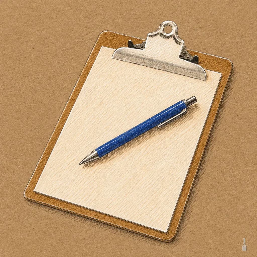 Coloured pencil drawing of a clipboard with a blank sheet and a blue pen
