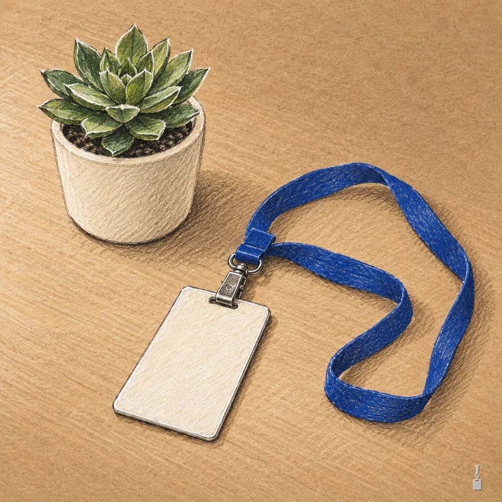 Coloured pencil drawing of a potted succulent beside a blank ID badge on a loosely looped blue lanyard